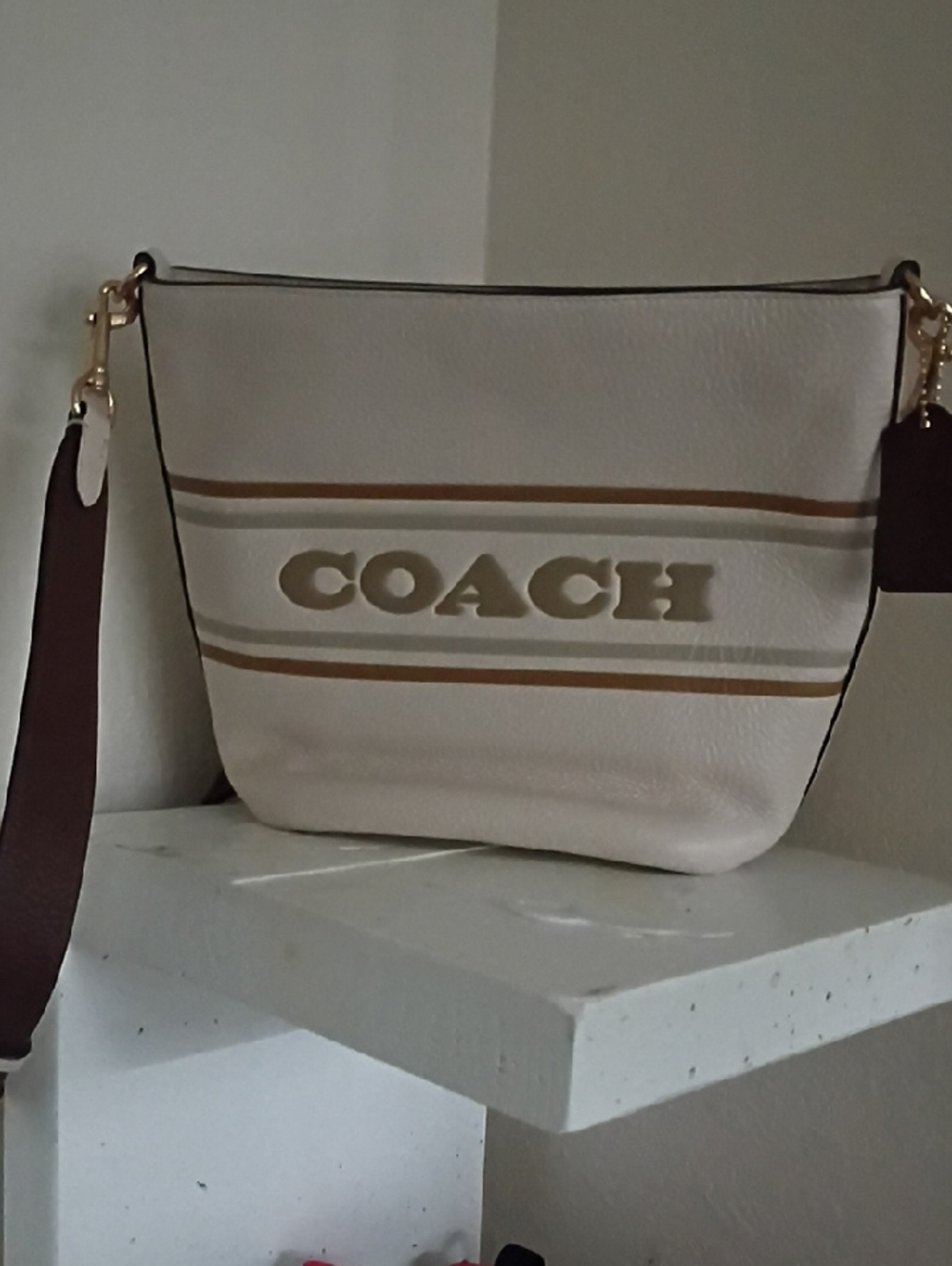 Coach Ivory Logo Stripe Shoulder Bag with Brown Strap